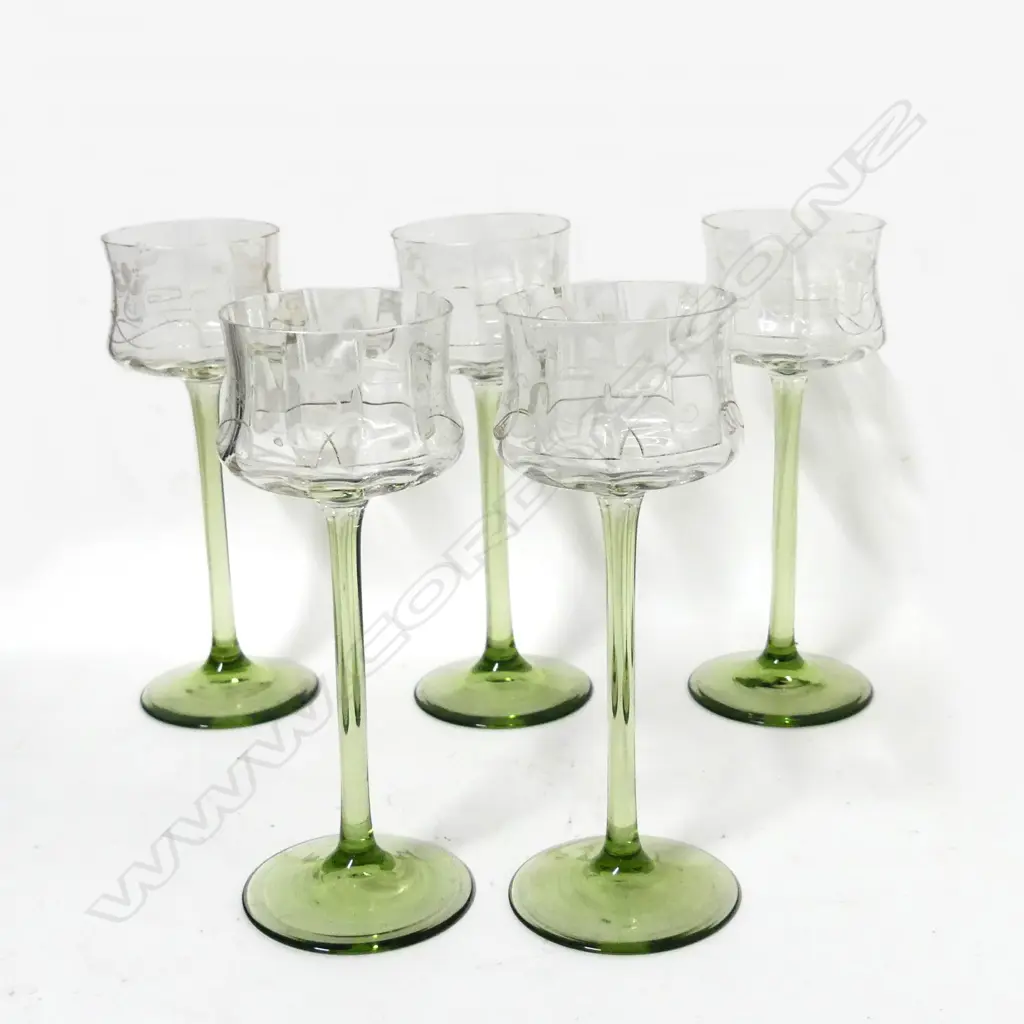 A set of five Bohemian Art Nouveau long stemmed wine glasses Image 1++
