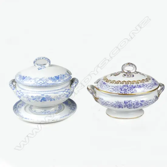 Two Victorian blue and white sauce tureens