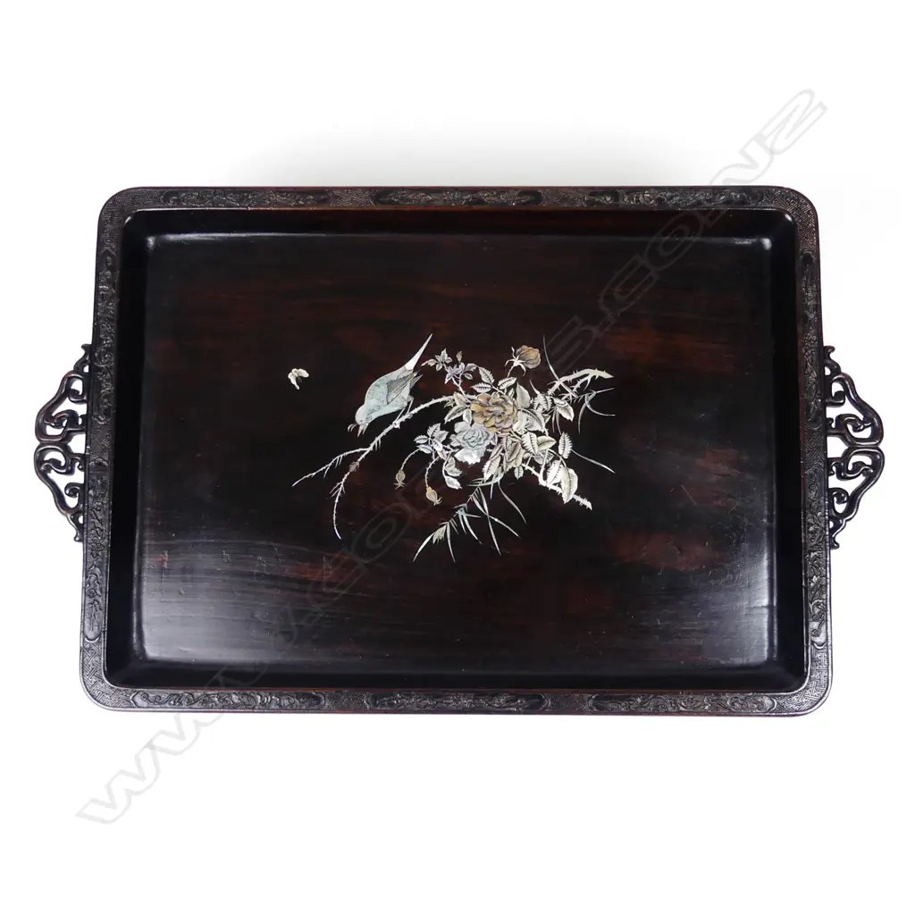 A quality 19thC Chinese carved wooden and mother-of-pearl inlaid large tray Image 1++