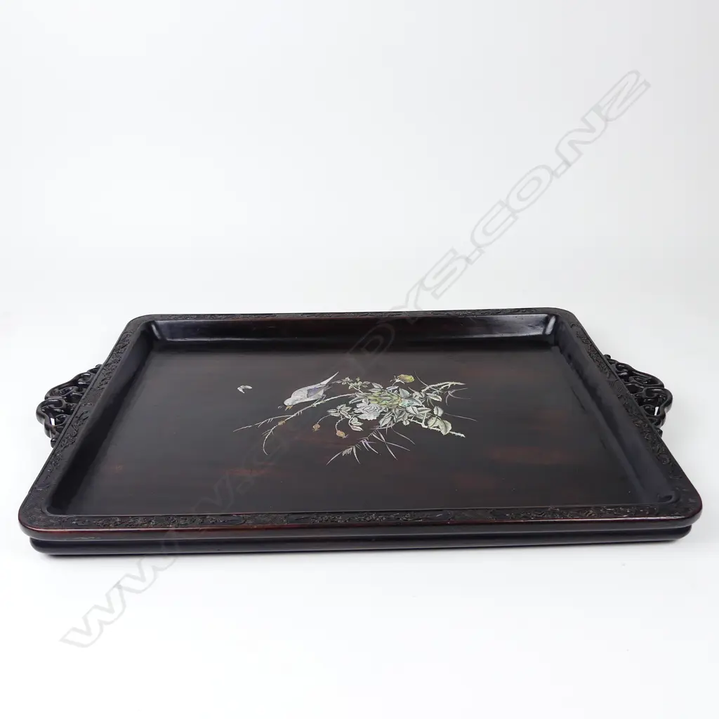 A quality 19thC Chinese carved wooden and mother-of-pearl inlaid large tray Image 1++