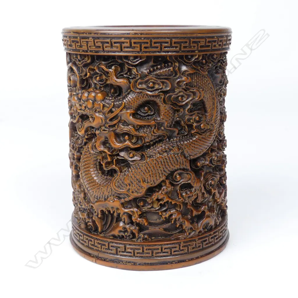 A Chinese finely carved wood brush pot Image 1++