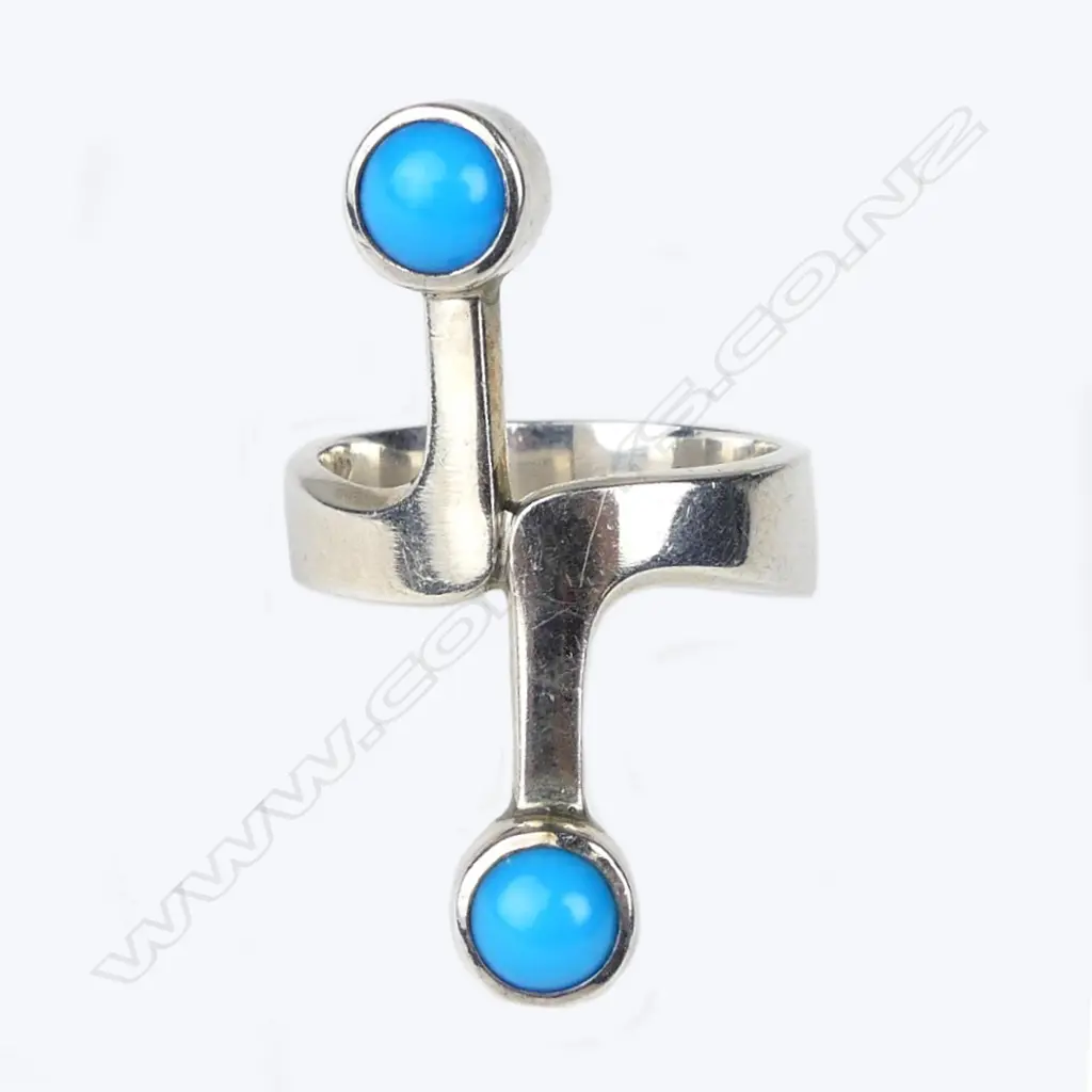 A vintage Jens Hansen c.1970 turquoise and silver designer ring Image 1++