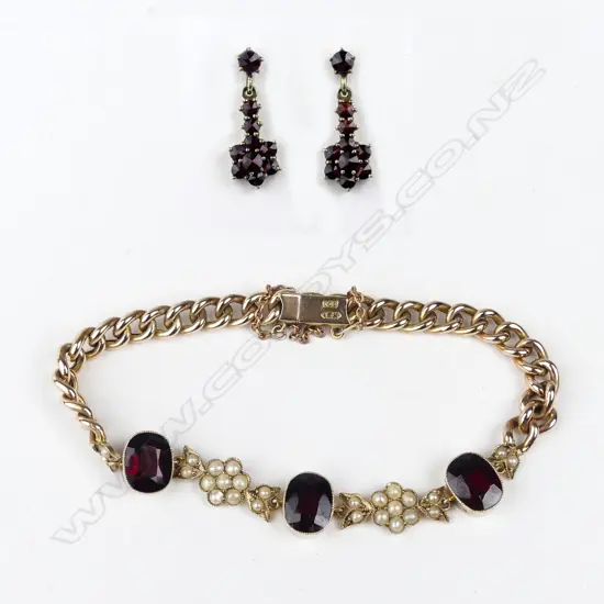 A 9ct rose gold garnet and pearl bracelet
