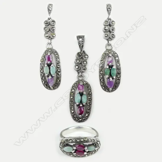 A suite of vintage silver marcasite and gem set jewellery