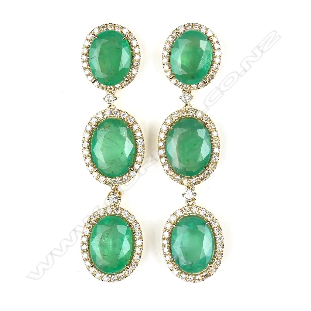 A pair of 14ct yellow gold emerald and diamond drop earrings Image 1++