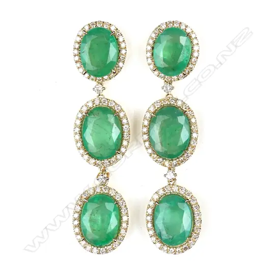 A pair of 14ct yellow gold emerald and diamond drop earrings