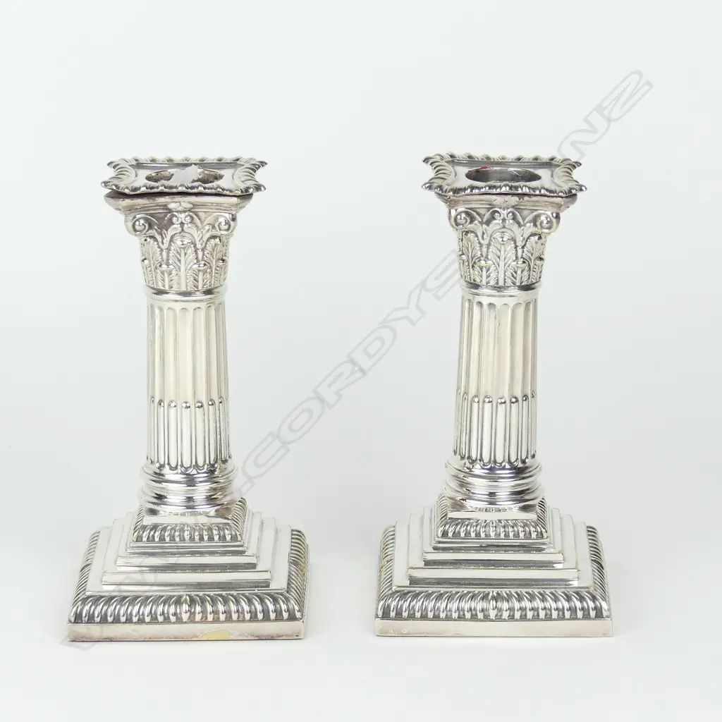 A pair of c.1900 silver plate Corinthian column candlesticks by Hardy Brothers Image 1++