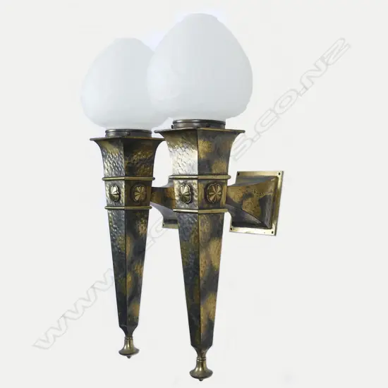 A pair of 1920s brass portico wall lamps