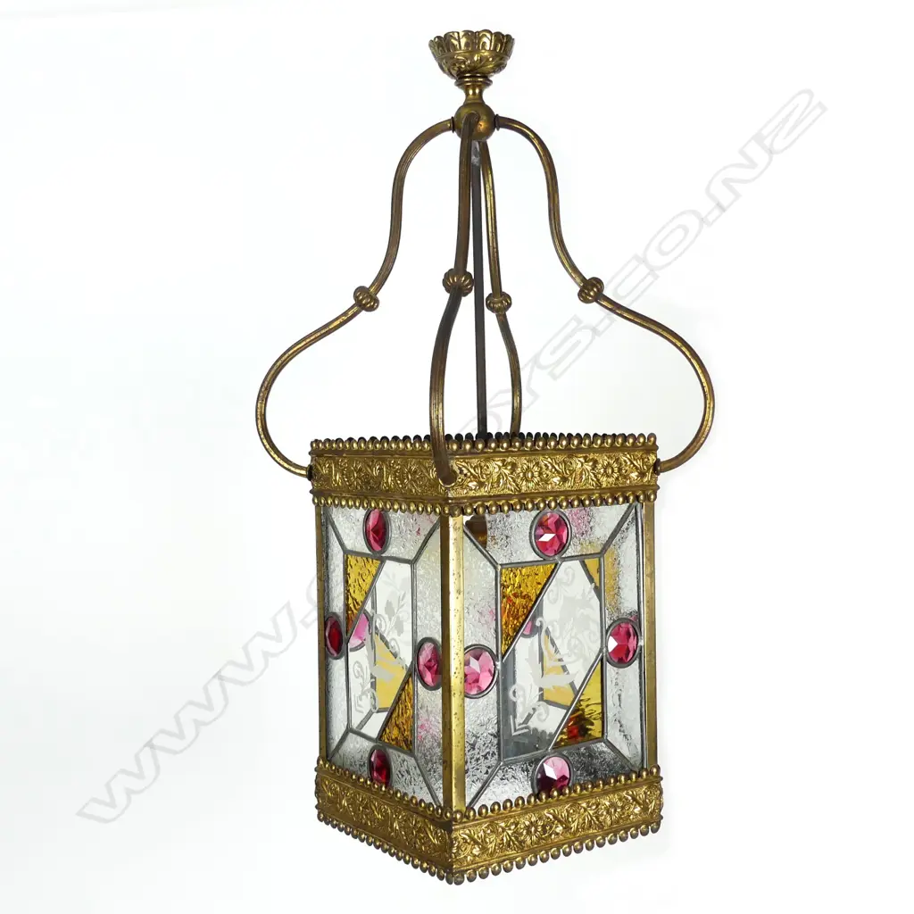 A Victorian style brass and leadlight hall light Image 1++