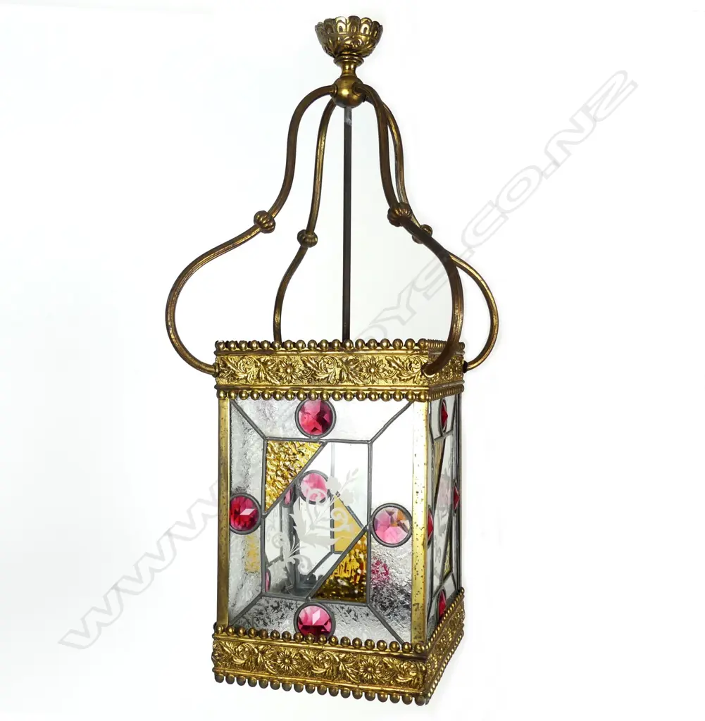 A Victorian style brass and leadlight hall light Image 1++