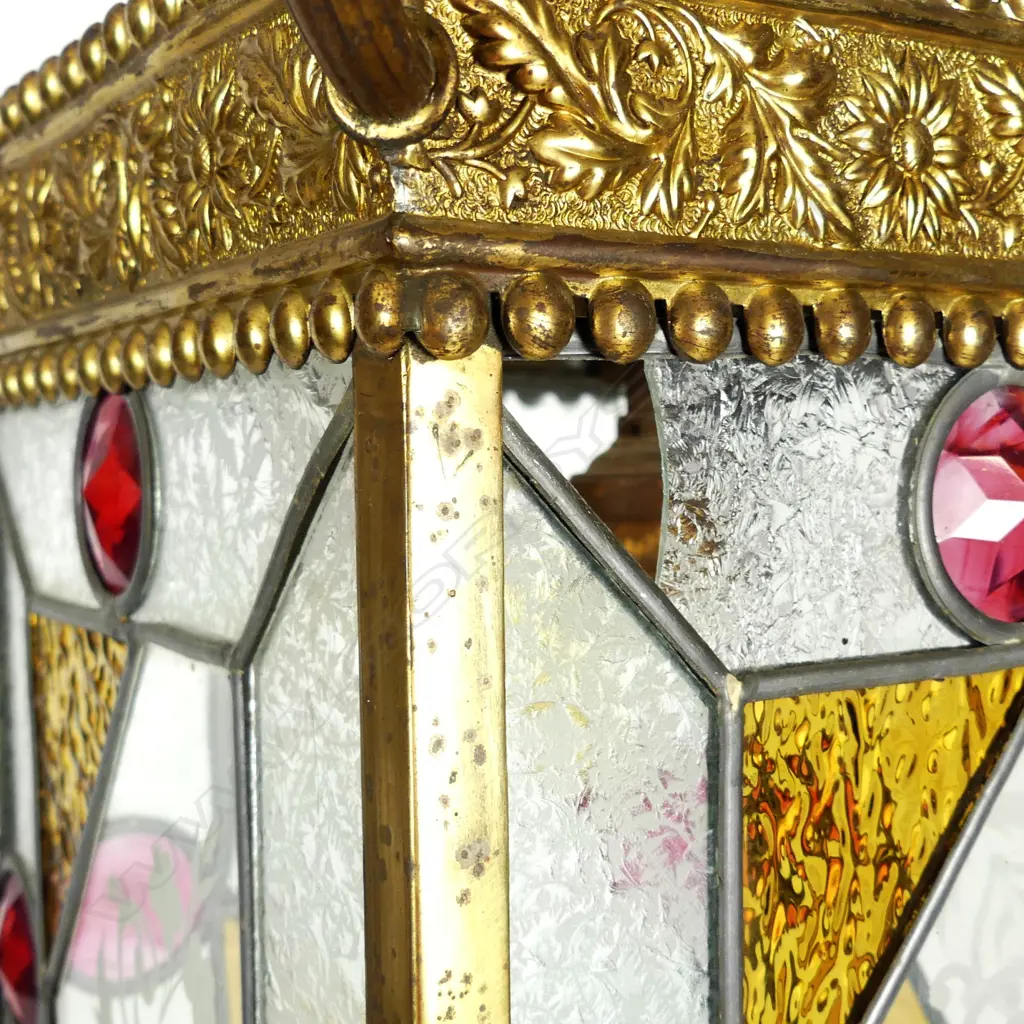 A Victorian style brass and leadlight hall light Image 1++