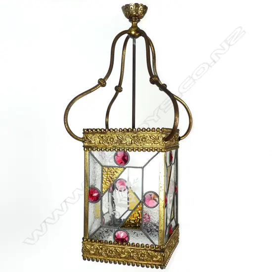 A Victorian style brass and leadlight hall light