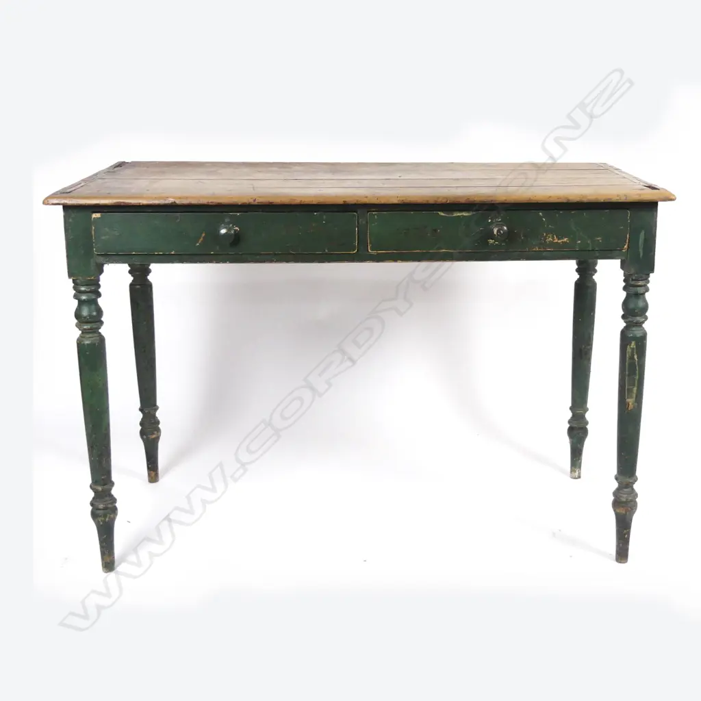 A colonial green distress painted two-drawer side table Image 1++