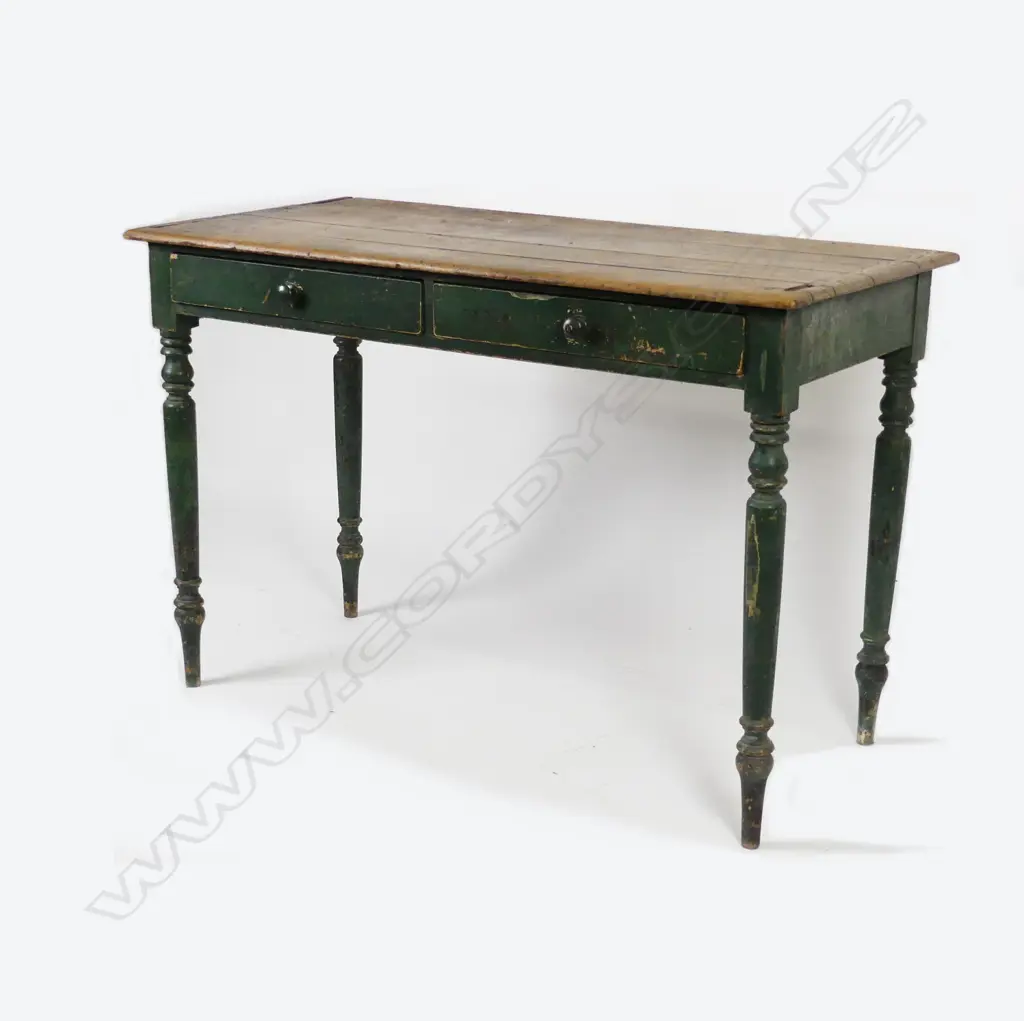 A colonial green distress painted two-drawer side table Image 1++