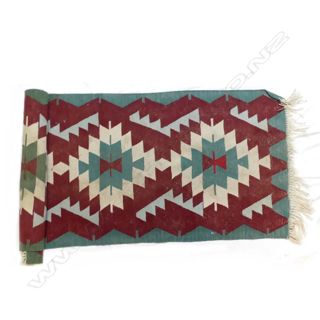 A hand woven Turkish kilim runner with bold geometric designs Image 1++