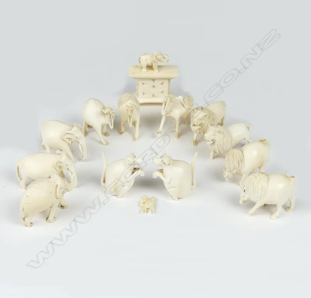 A collection of 15 small carved ivory mainly animals Image 1++