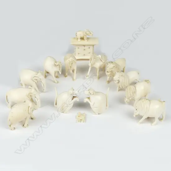A collection of 15 small carved ivory mainly animals