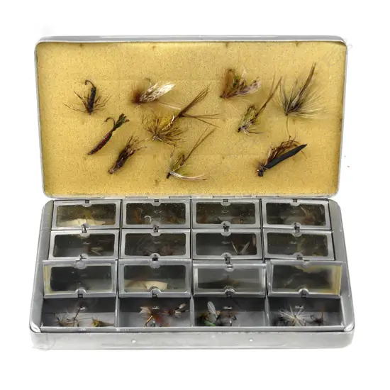 A c.1940s Allcock 6½ x 3½’ alloy fly box