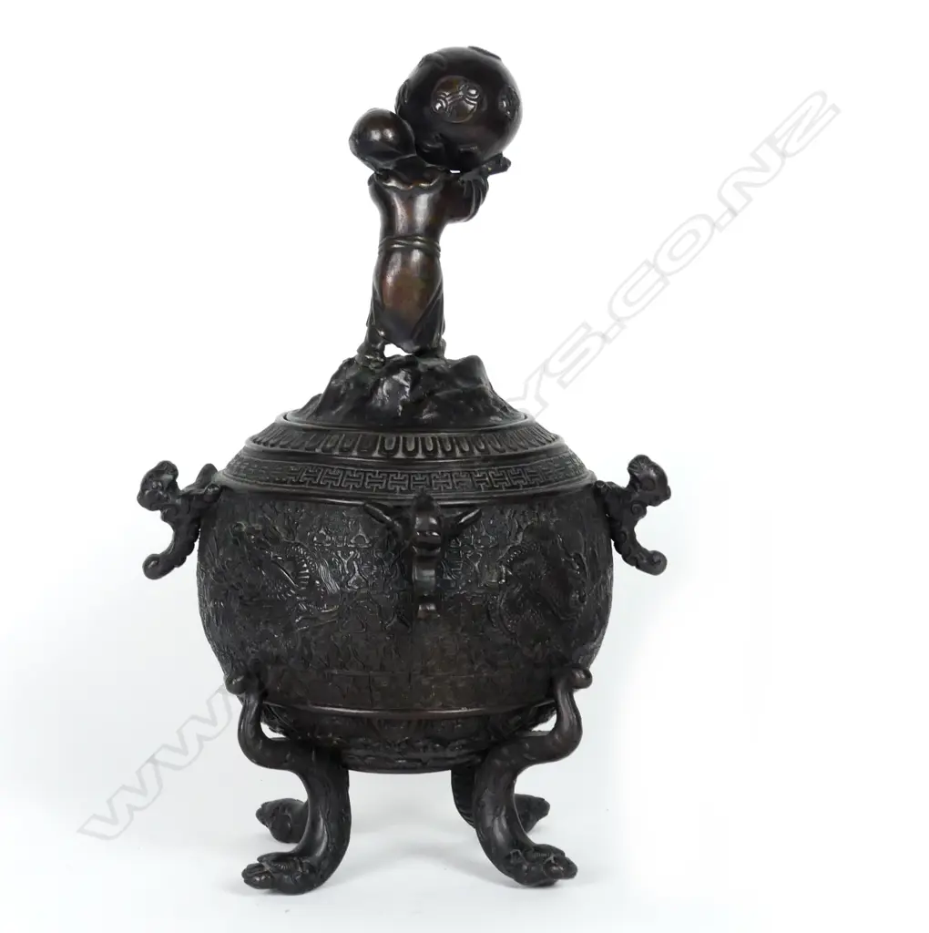 An old Chinese bronze lidded spherical vessel Image 1++