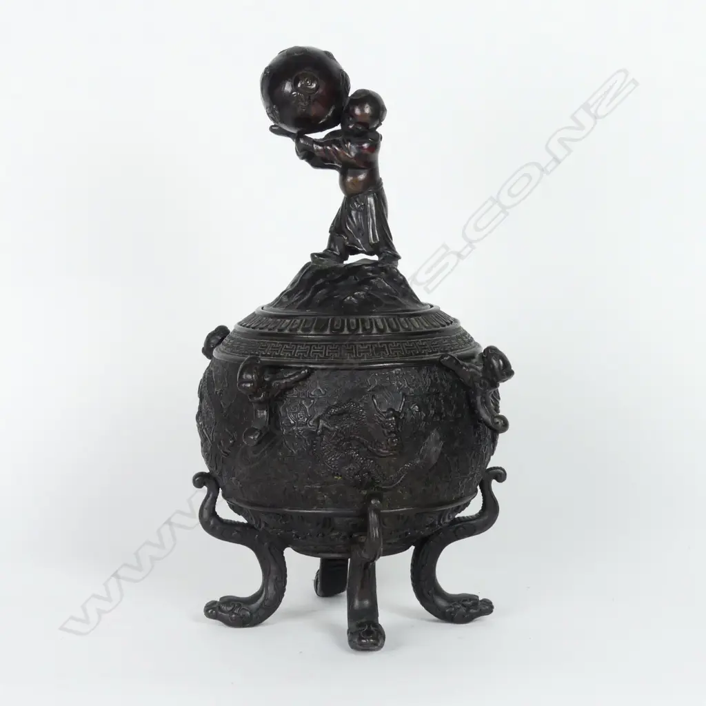 An old Chinese bronze lidded spherical vessel Image 1++