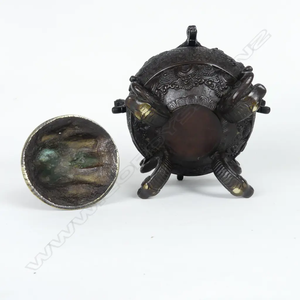 An old Chinese bronze lidded spherical vessel Image 1++