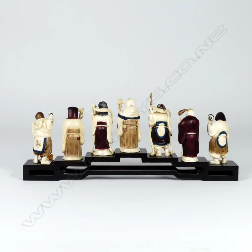 A finely carved and stained ivory Japanese set of the seven gods of Luck and Good Fortune Image 1++