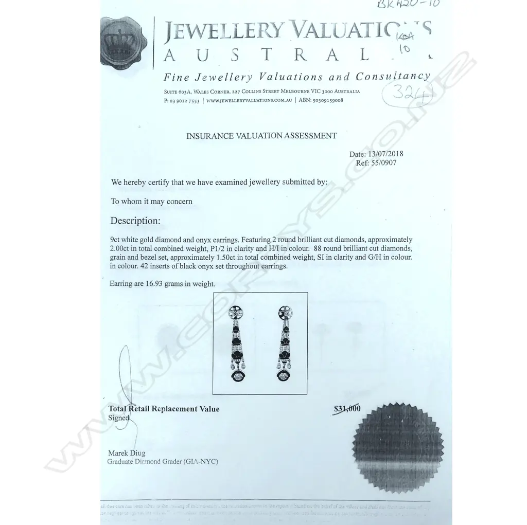 A pair of 9ct white gold diamond and onyx Art Deco style earrings Image 1++