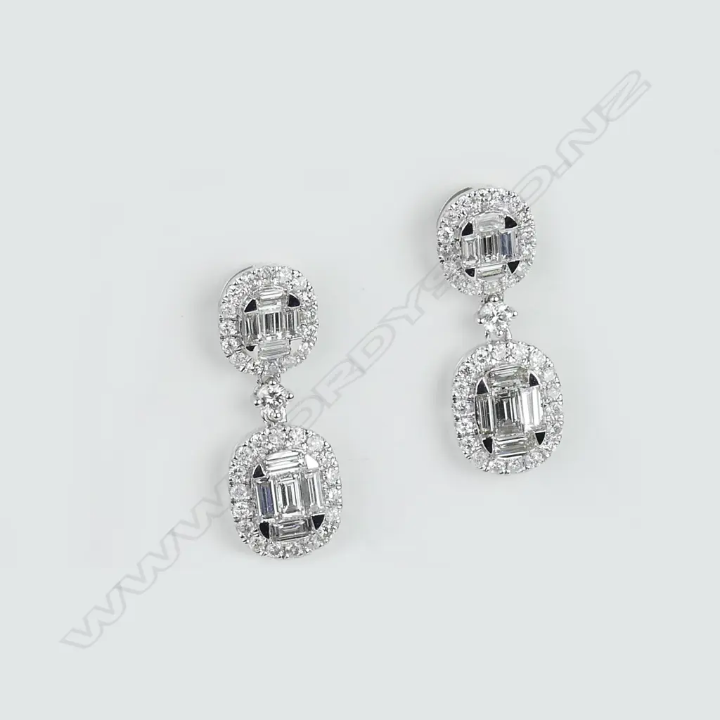 A pair of lady's modern 18ct. white gold and multi-diamond set drop earrings Image 1++
