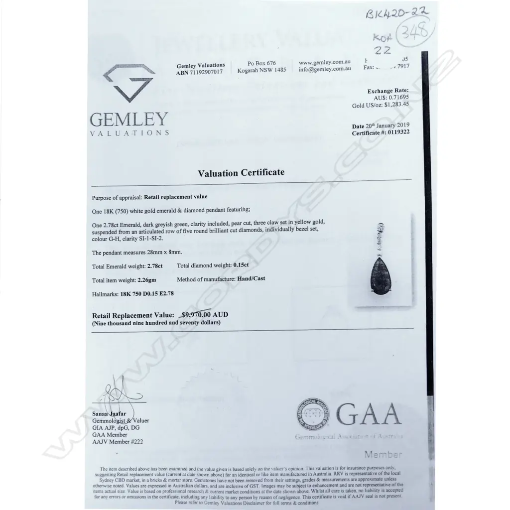 18ct white gold emerald and diamond drop pendant Image 1++