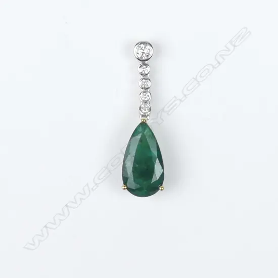 18ct white gold emerald and diamond drop pendant