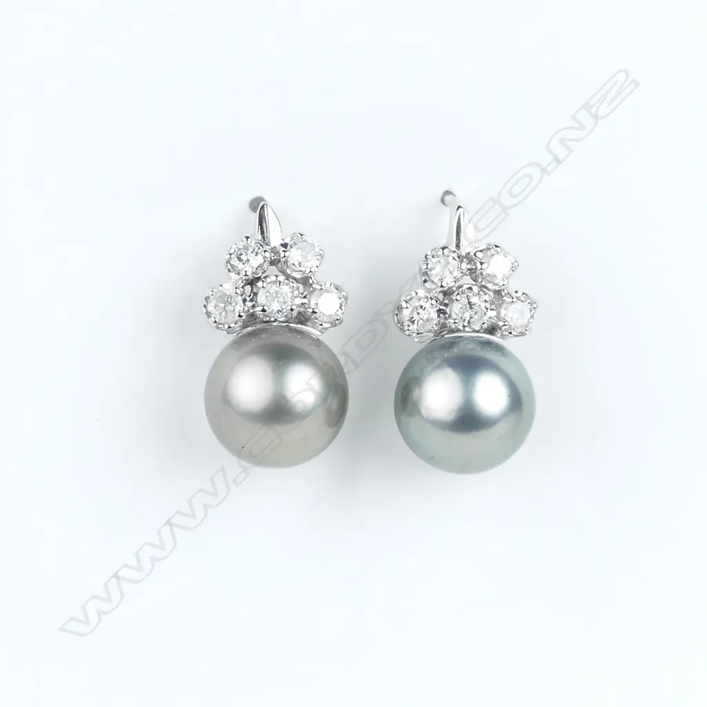 A pair of 18ct white gold Tahitian pearl and diamond earrings Image 1++