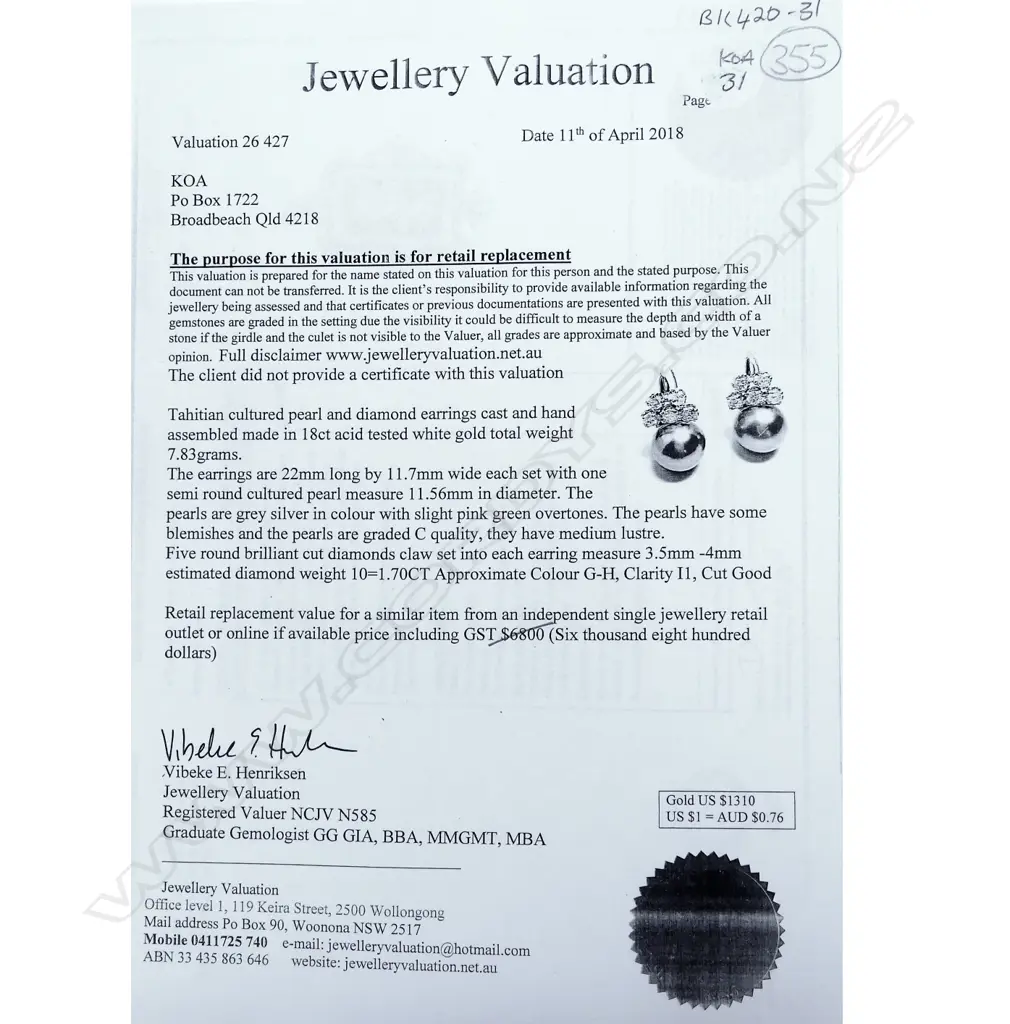 A pair of 18ct white gold Tahitian pearl and diamond earrings Image 1++