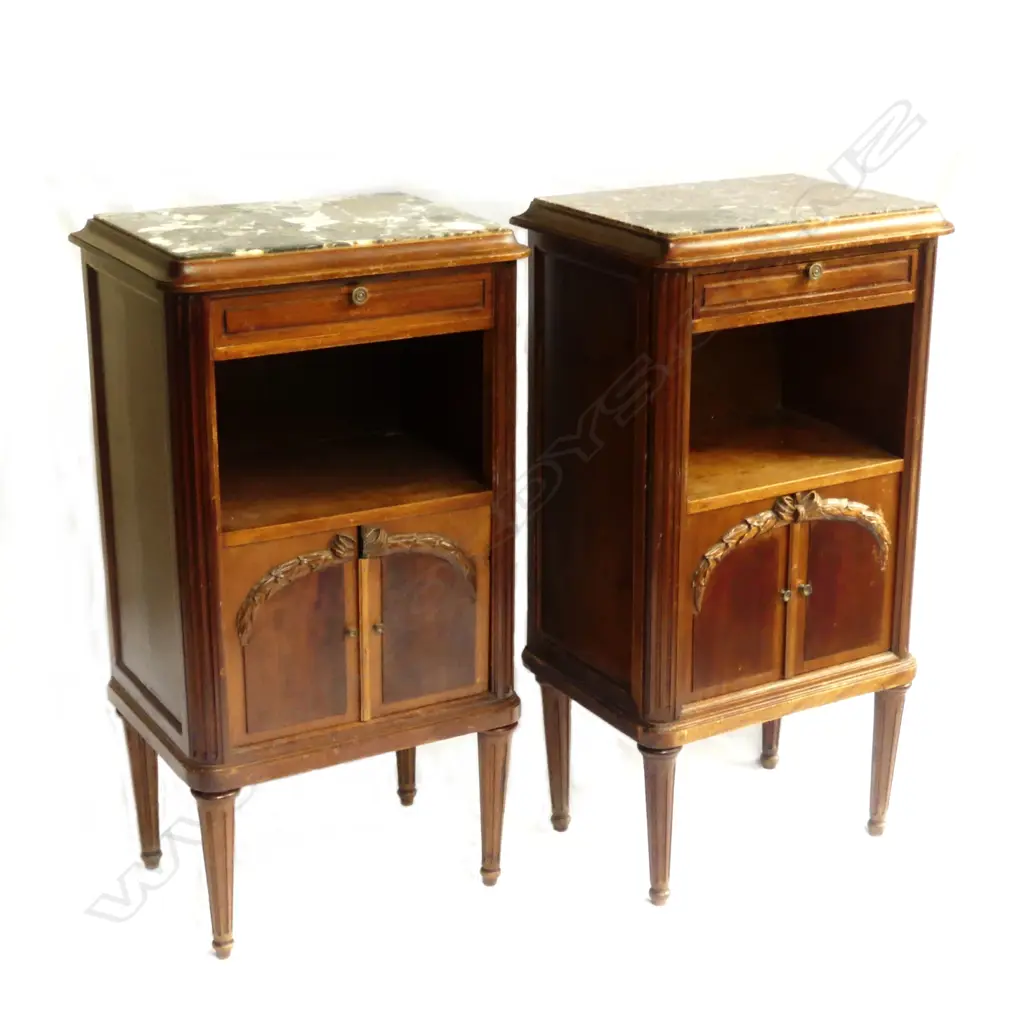 A pair of French mahogany marble top bedside cabinets Image 1++