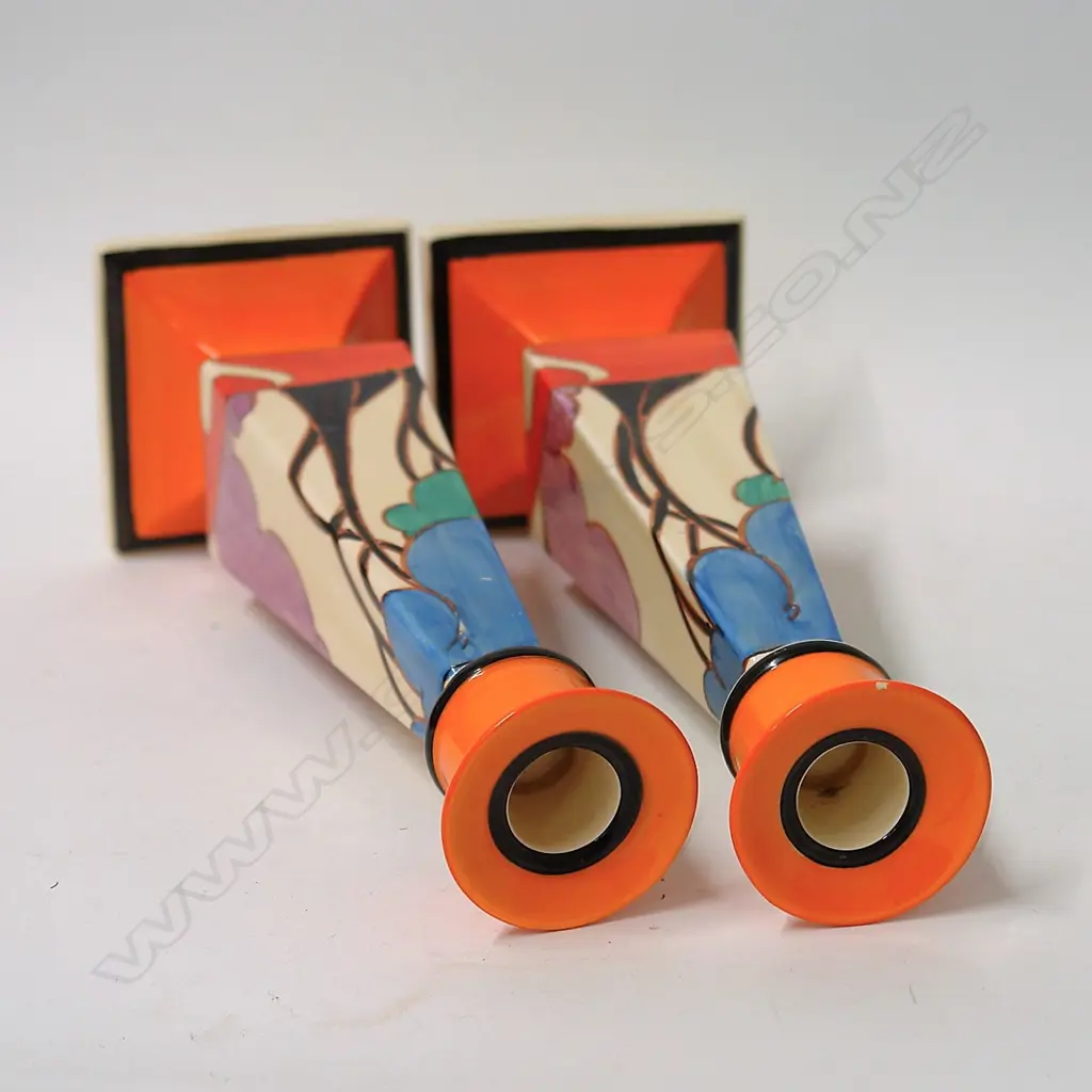 A rare pair of Clarice Cliff tall candlesticks in the Autumn blue pattern Image 1++