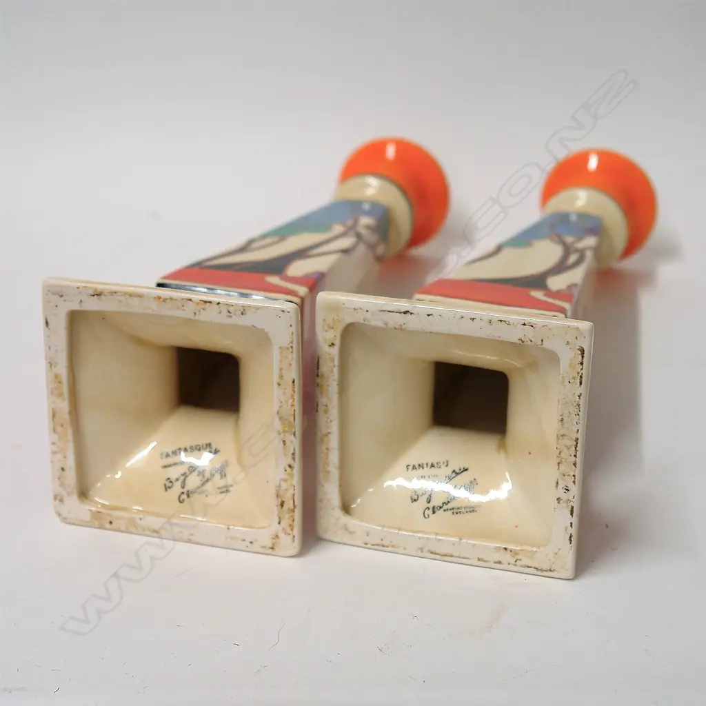 A rare pair of Clarice Cliff tall candlesticks in the Autumn blue pattern Image 1++