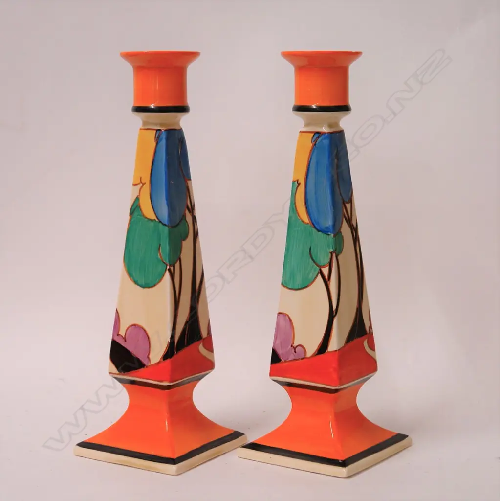 A rare pair of Clarice Cliff tall candlesticks in the Autumn blue pattern Image 1++