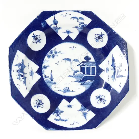 An extremely rare 18thC English blue and white octagonal dish