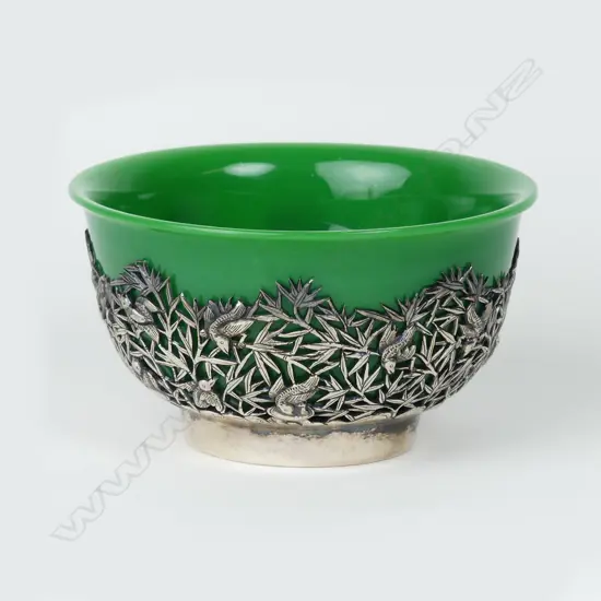 A quality Peking green glass bowl in silver stand
