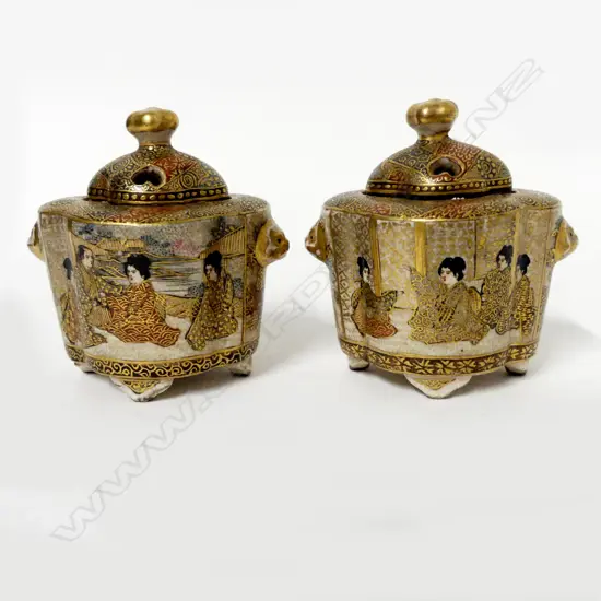 A pair of Japanese Satsuma earthenware miniature censers