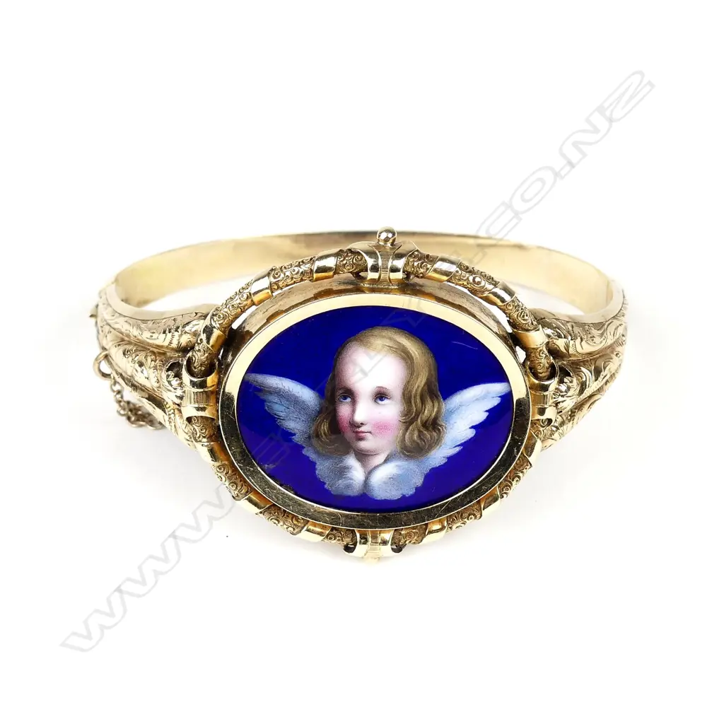 A 19thC gold and enamel plaque decorative half-hinged bangle Image 1++