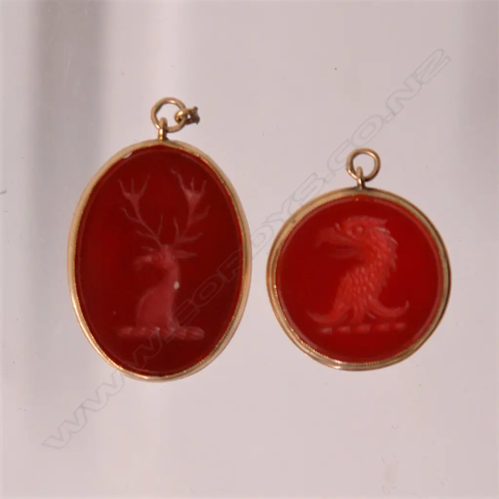 Two 19thC 9ct. framed intaglio cut seal pendant Image 1++