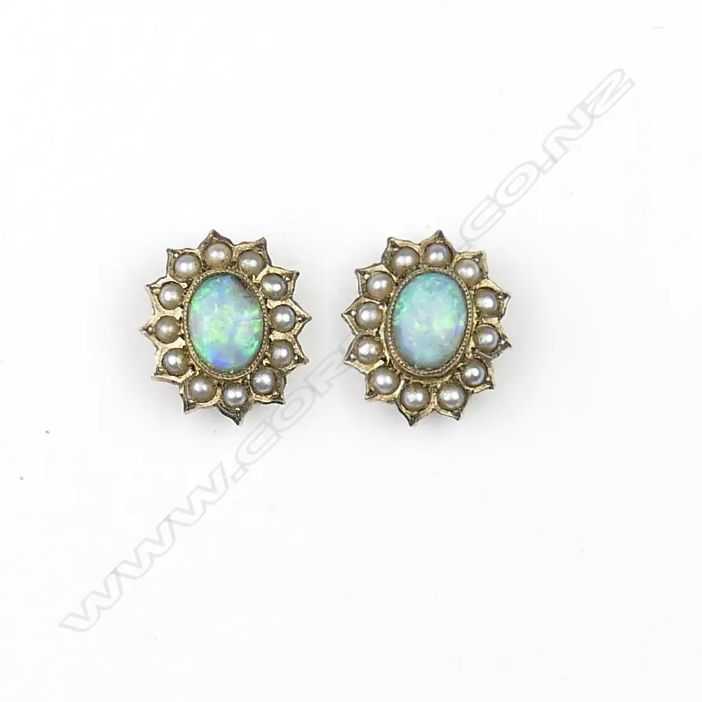 A pair of 9ct gold opal and pearl stud earrings Image 1++