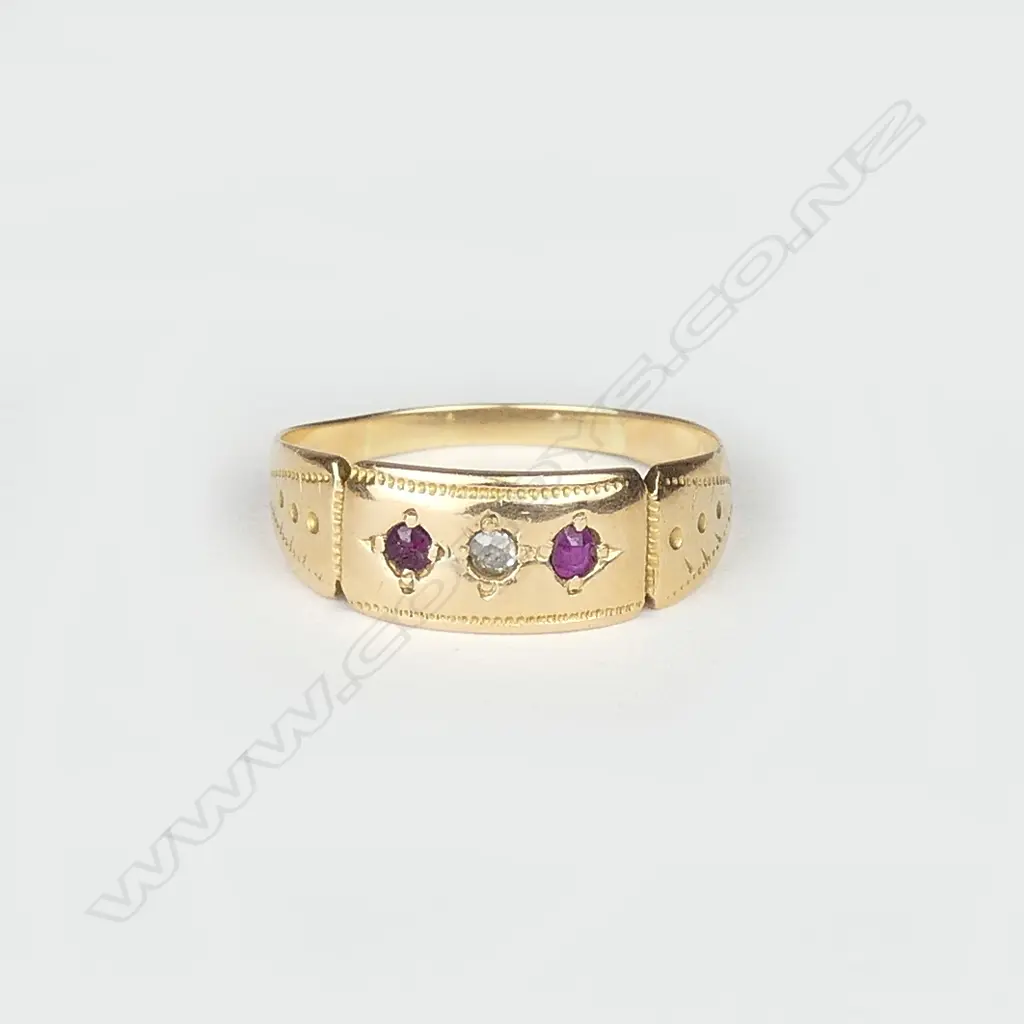 A c.1900 18ct. yellow gold ruby and diamond gypsy type lady's ring Image 1++