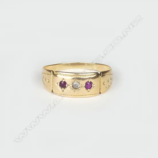 A c.1900 18ct. yellow gold ruby and diamond gypsy type lady's ring