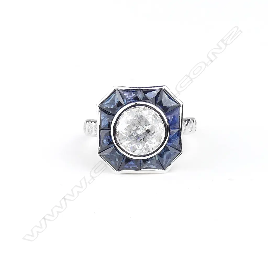 A 14ct white gold sapphire and diamond Art Deco style ring Image 1++