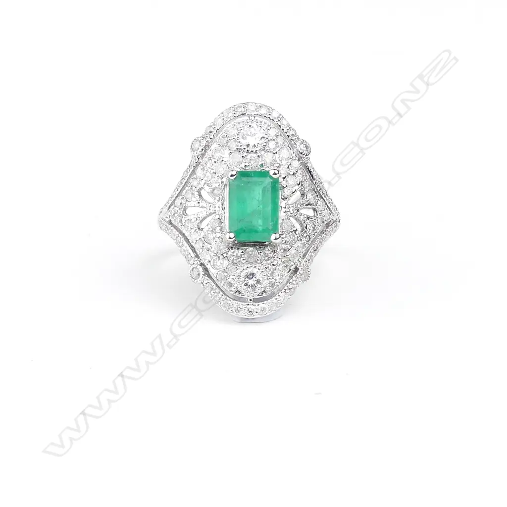 An 18ct white gold emerald and diamond Art Deco style ring Image 1++