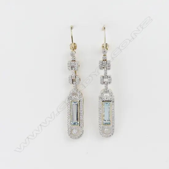 A pair of 14ct gold aquamarine and diamond drop earrings