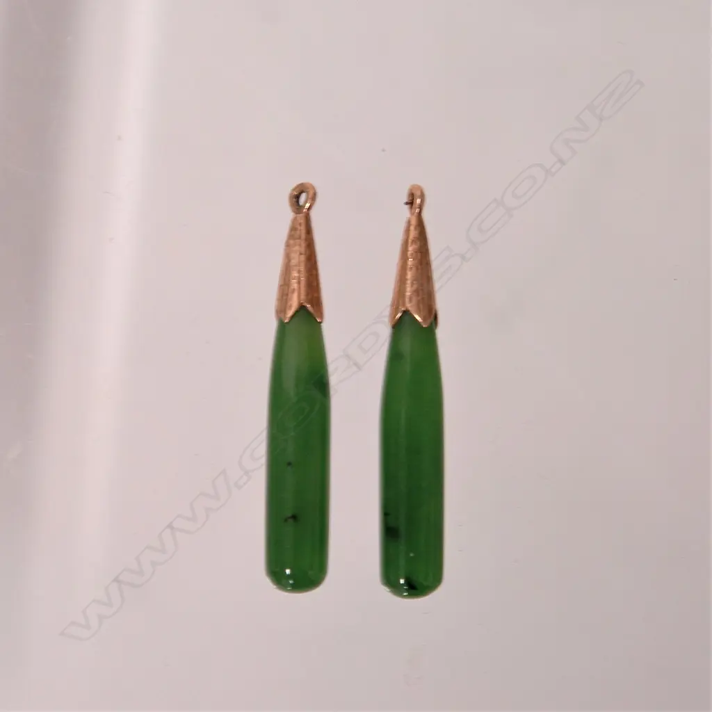 A pair of early 20thC greenstone and gold mounted earrings Image 1++
