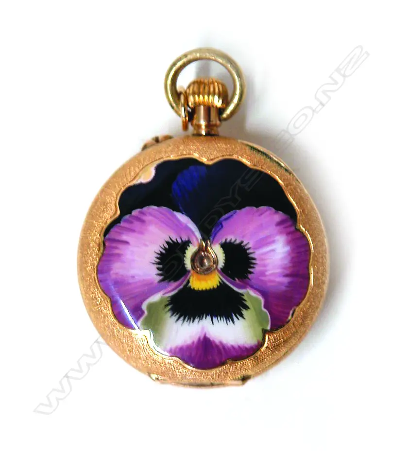 An early 20thC 14ct. yellow gold and enamelled lady's open face fob watch Image 1++