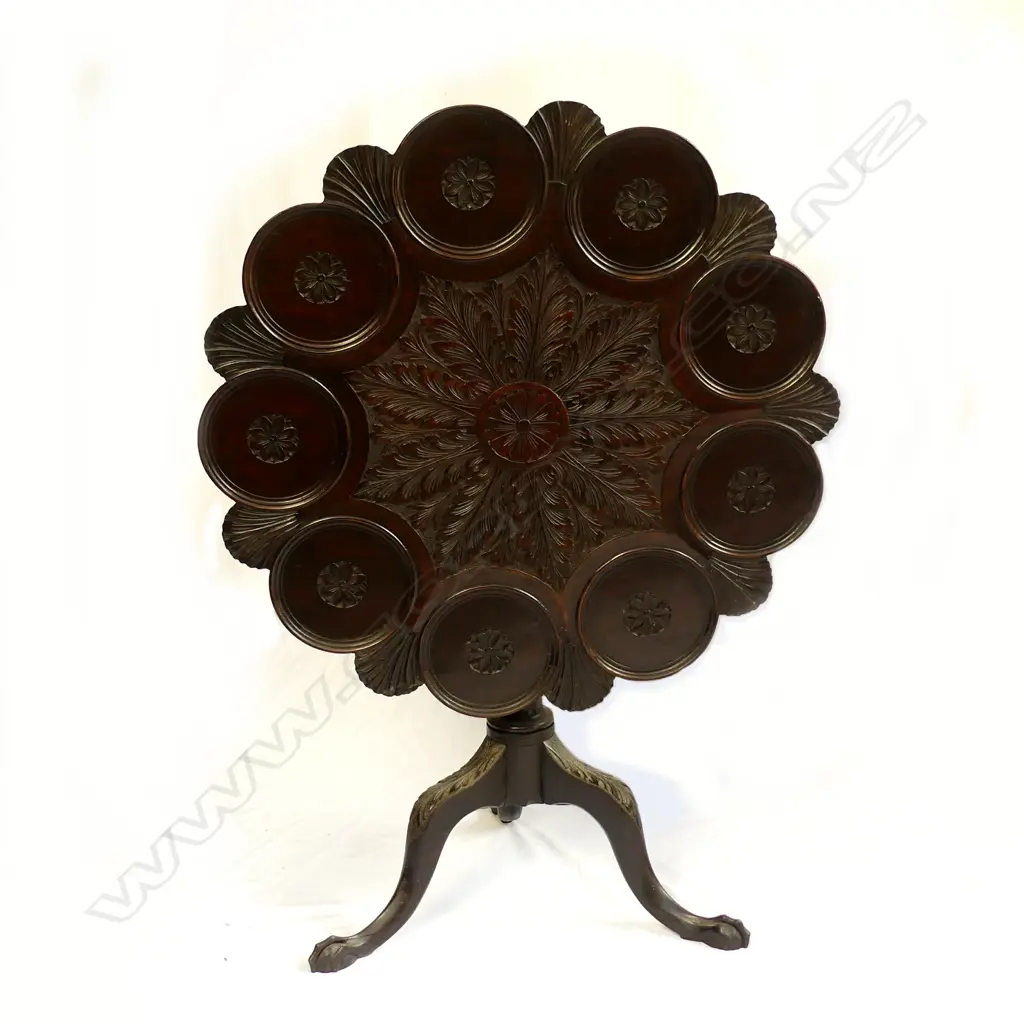 A Georgian mahogany tilt-top carved supper table Image 1++